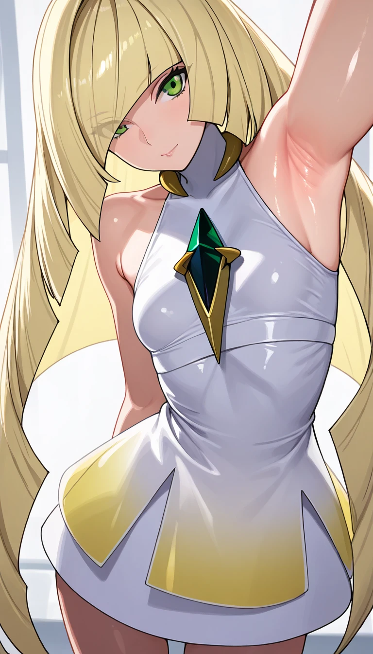 <lora:lusamine lora:1>, lusamine, 1girl, masterpiece, solo, cowboy shot, looking at viewer, smile, closed mouth, elegant, dress, abstract background