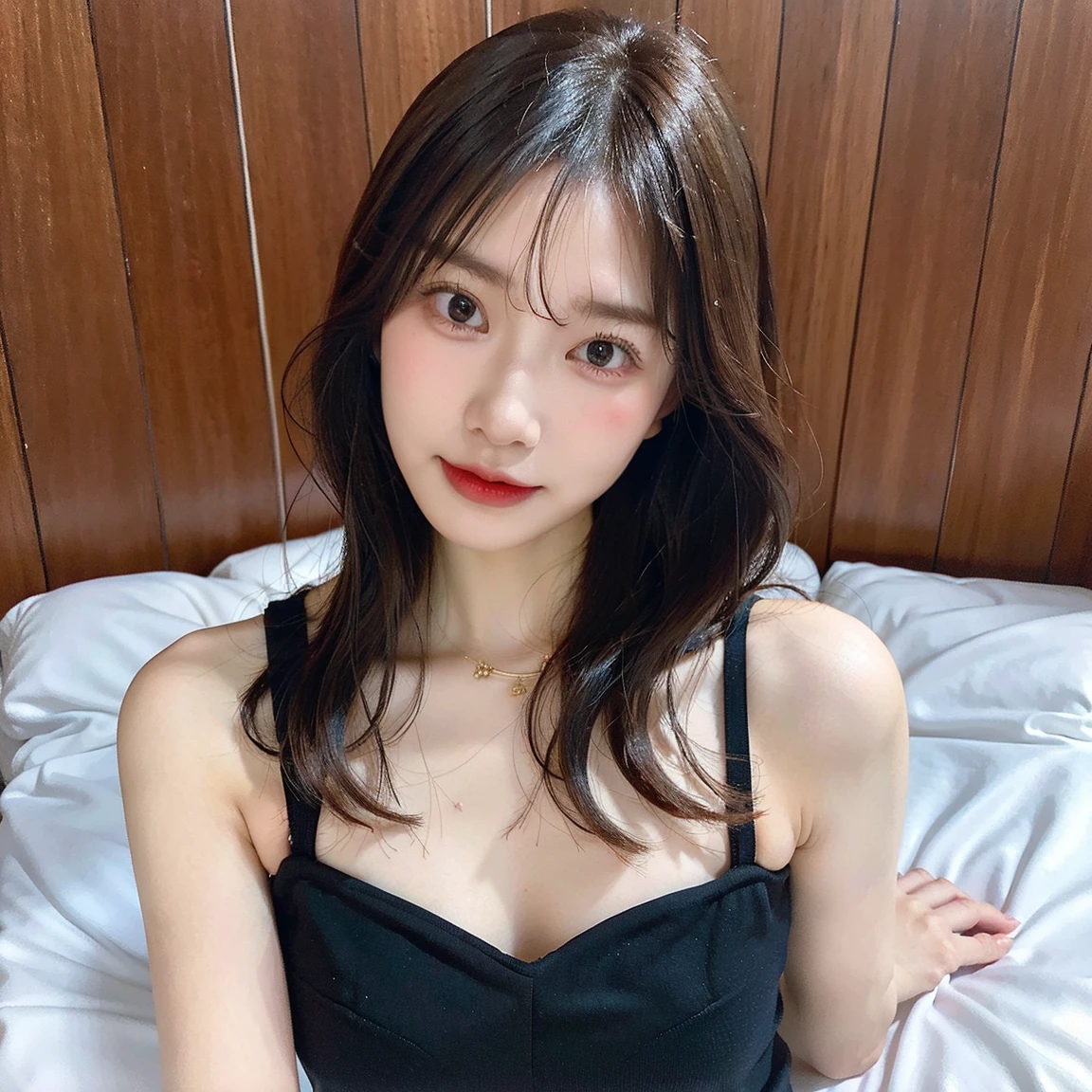 Highest quality、Highest Resolution、RAW images、A woman and a man sitting side by side on a bed、Japanese、Man in his 40s、20-year-old woman、Selphy、She has long black hair、She has bangs