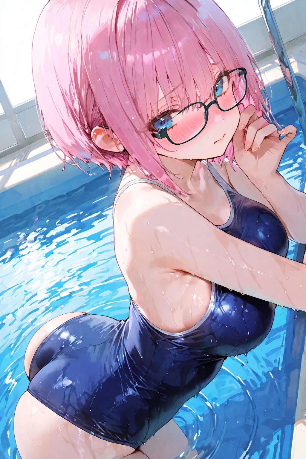 ((best quality)), ((highly detailed)), masterpiece, absurdres, (detailed eyes, deep eyes), (1girl), (glasses), cowboy shot, <lora:BridgelessBra:1.4>, (bridgeless bra), strapless, <lora:hairdetailer:.7>, <lora:animeSlime_v10:.3>, slime girl, melting, wet slimy skin, <lora:ColoredSkin:.3>, (colored skin), ((purple skin, pink colored slime)), soft pink hair, spiky hair, <lora:DipDyedHair:1>, ((black IncursioDipDyedHair:1.35)), white IncursioDipDyedHair:1.3, see-through body, navel, large breasts, (at a pool, wet hair, <lora:pool ladder:1>, pool ladder, wet, sunset)