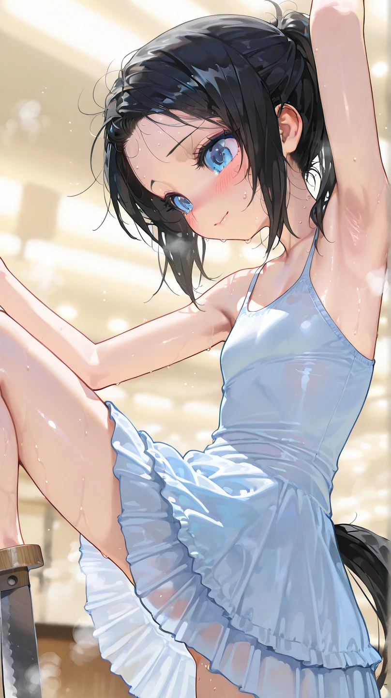 blue short dress, sleeveless, showing armpit, armpit licking, pink panties, long black hair, tied in pony tail, detailed armpit, wet armpit, sitting, legs spread, showing cleavage, side view, squatting, frowning, small , dark armpit