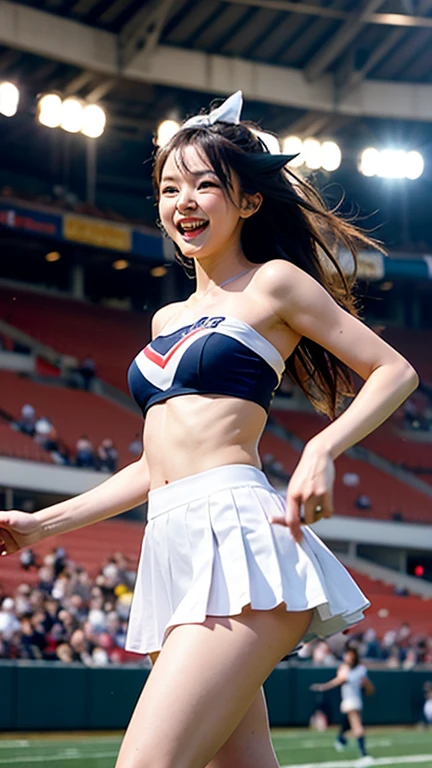 (((((Squat with your legs apart)))),((White panties)I can see),((She opens her dress with both hands and secretly shows me her breasts.)),((((topless))))),(((Open the chest of the costume with both hands、Looking at her chest))),flat chest,small breasts,slender,vulgarity,public indecency,,vulgarity,public indecency,((((Very small breasts)))),((((breasts with small bulges)))),(Slim body）、((Slim body))、(Realistic), (Realistic:1.37), ,One girl,Beautiful fine details,Highly detailed skin,(Beautiful face with double eyelids), (realism: 1.4),Female about 20 years old,(Beautiful Face 1.4),Earrings,Photo of Japanese actress in American football studium.audience, crowd, night,dark, cheerleader, jumping, short skirt, sneaker、smile、