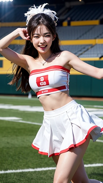 1womanl、Solo、(Super beautiful)、(beauitful face:1.5)、(A detailed face:1.5)、(A detailed eye:1.1)、(Detailed lips:1.1)、(Detailed nose:1.1)、25-years old、Professional Baseball Team Cheerleading、(red cheering uniform:1.2)、(white panties:1.5)、You can see the shape of the nipple、makeup、(wetted skin)、Brown hair、(a miniskirt:1.5)、(Bare legs:1.3)、Cheering seats in the stadium、(Sky from below:1.1)、(Full body shot:1.2)、(At SFW:1.5)