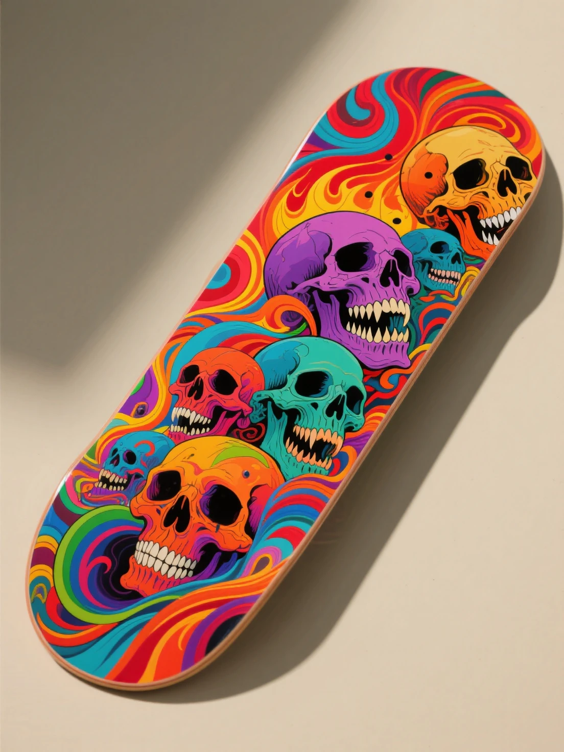 creative logo ilustration of a skateboards decorated with scary skulls , digital art style by dan mumford, marc simonetti, frank frazetta, sketch, vivid colors, high definition, negative space, logo style, T-shirt design