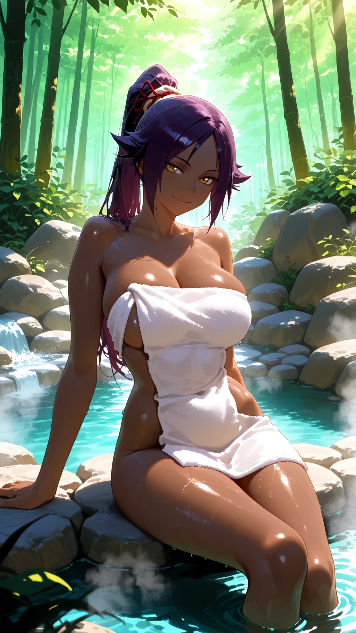  ((Master quality, 8K, masterpiece:1.3, ultra-detailed, high resolution, RAW Photos, detailed , blurry, Actual, hyper realistic, photo, HDR)), BREAK, Anatomically perfect, perfect hands, perfect legs, perfect feet, detailed eyes, BREAK, One person alone, yoruichi shihouin, long hair, (yellow eyes:1.5), ponytail, purple hair, (((dark skin, dark-skinned female))),, BREAK, beautiful face, beautiful detailed eyes, (staring at the camera , Sitting, Soak up to your chest in hot springs), , ( Round and Stacked Breasts,  ), Cleavage, abs, (((blush, seductive smile ))), Sweat-soaked skin, BREAK, wearing(, chest sarashi:2.5 only , Loincloth　fundoshi, Soaking  Wet:1.5, see-through), , Graffiti art, BREAK, ( Random Angle, full-body, ), dynamic angle, , background(Realistic , cinematic lighting, depth of field, night , only one the full moon,, Secret Realm atmosphere, Open-air hot spring , ((((Rising steam)))), light particles)