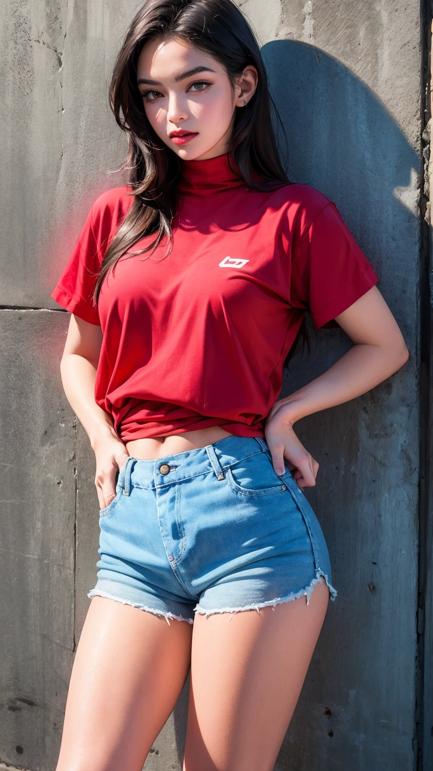 Woman standing, uphills, red shirt, short jeans, open sea, grey hair, 