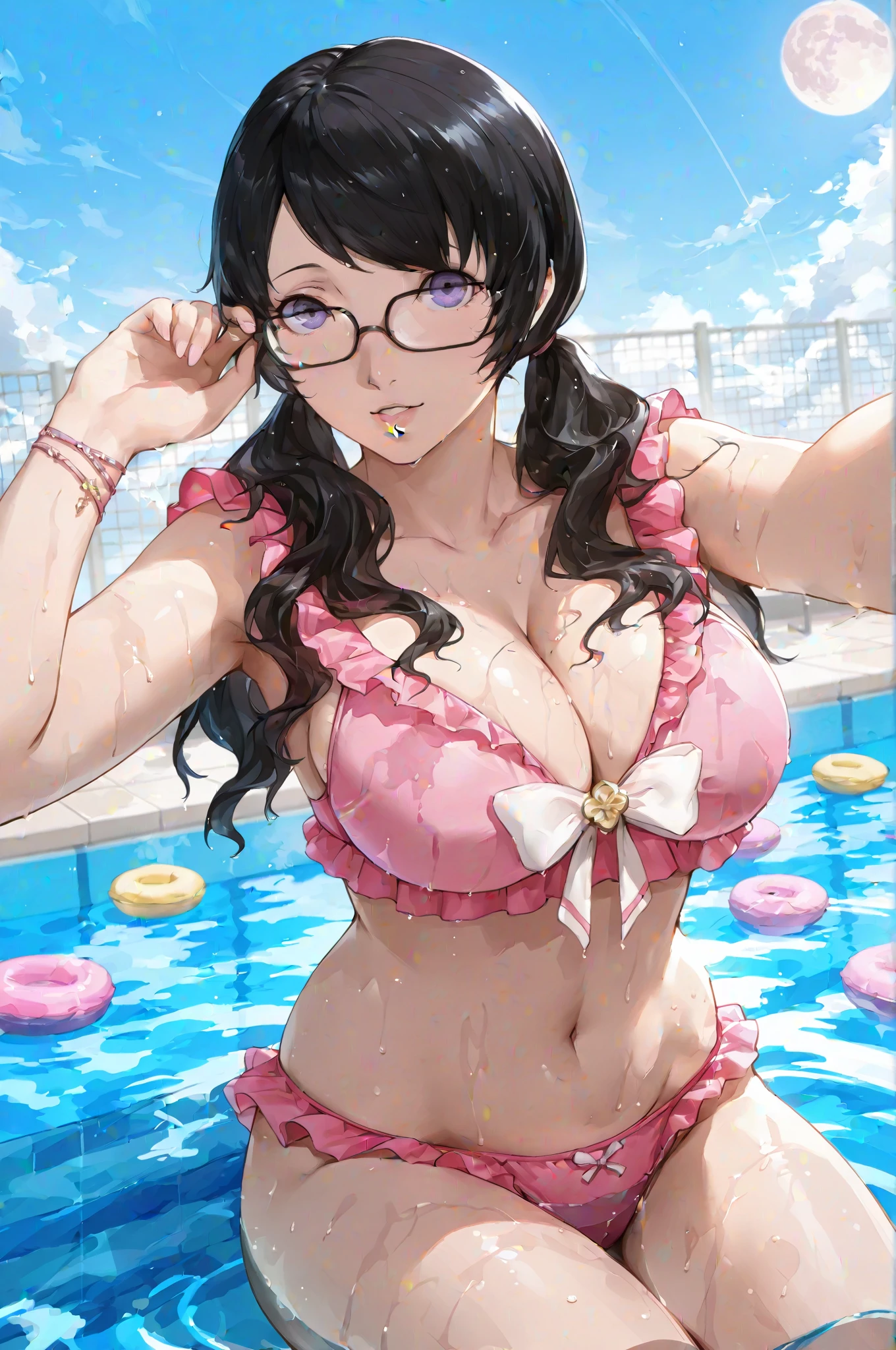 masterpiece, best quality, hanekawa tsubasa, solo, eye glasses, Dark Purple Hair, Twin braids, large breasts, (petite),
 seductive smile, :o, (bikini lift), lifted by self, nipples show off, sitting, beach,
