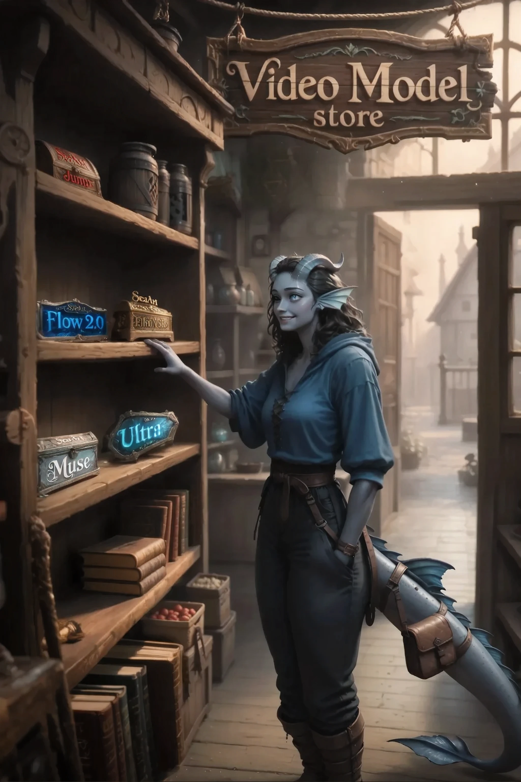 Kedra,  dark blue-gray skin ,  fins on the head, horns on the head, interested curious live eyes ,small shy smile on face,  tail from behind,  bright blue eyes , looking at old empty wooden shelves. Points his finger at an empty wooden shelf. Tail straps, shoulder bag on the tail hangs. In the background, an old magic shop stands in warm light.
There are various magical devices on the shelf
Engraved large visible inscription on a magical expensive device: "Flow 2.0" [place the right] that looks like something related to the video but magical in a medieval fantasy style.
masterpiece, best quality, Ultra-detailed,  Cinematic emotional static frame, 8K UHD, is extremely detailed, physical visualization, HDR.
