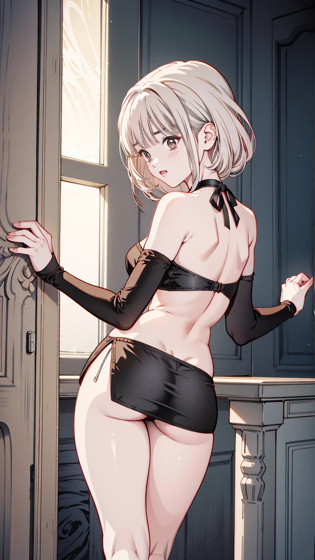 ((Embarrassing)), ((Changing clothes)), ((posterior view)), ((Turning around)), 1 Whole body of a girl, elvish, ((silber hair)), Red Eyes, bob cuts, Braided hair, undergarment, an lingerie, parka, inside in room, speculum, gender change, concept-art, beautiful anime scene, Beautiful anime scenery, top-quality, masterpiece
