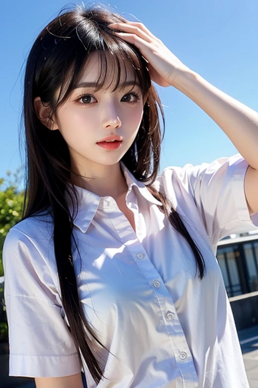 realistic photos of (1 cute Korean star) flipped hair, thin makeup, big breasts size, orange polo shirt, at the train station, clear facial features of Canon EOS, 16k, high resolution, sharp and realistic details, overexposure, cut-in, UHD, highres, best quality, sexy transparent white wedding dress