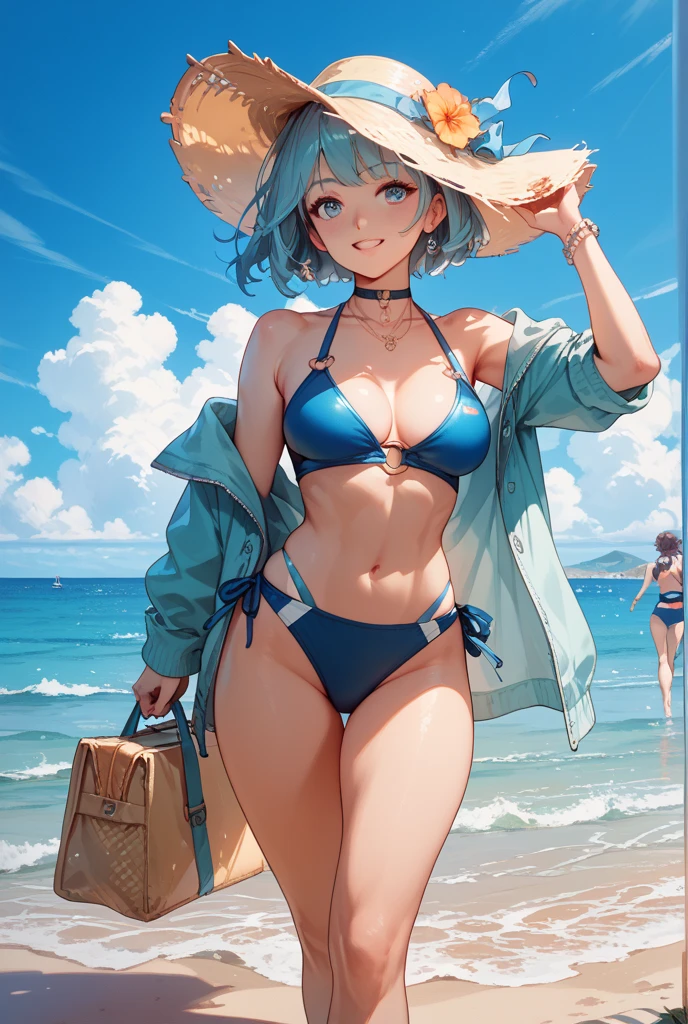 (close up face:1.7), (extreme close-up view:1.7), (front side:1.7), dutch angle, side viewer★品質:(1 girl), (Perfect hands:1.2), (Perfect Anatomy:1.2),best quality, masterpiece, (ultra detailed:0.6), ideal ratio body proportions, high resolution, HDR, unity 8k, nice hands, top quality, ★environment:ocean, cloud, blue sky, day, outdoor, sky, beach, ★expression:smile, waiting for a kiss, looking at viewer, ★subject:{asakura_tooru_theidolmstershinycolors:1.15}, ★appearance:detailed face, cute, charming, beautiful face, beautiful detailed face, perfect face, cute and symmetrical face, baby face, (medium breasts:0.4), Beautiful breasts, cleavage, BREAK slender body type, small head, seven heads, sexy body, Bewitching, Glamorous, (musculature:0.4), perfectly proportions, pink lips, beautiful collarbone, beautiful body, 17 years old, beautiful girl, cute, charming, detailed skin, shiny skin, nail polish, ideal ratio body proportions, barefoot, ★eye:(blue-eyes, detailed eyes, sparkling pupils, Depth and Dimension in the Pupils), ★illumination:Sun light, ★chest:cleavage,★hair:(pixie cut, shiny hair, floating hair), (short hair: 1.3), (Parted-Bangs: 1.6), (blue-hairs, gradation hair, multi color hair, Purple-hair), Ahoge, bangs, short ponytail, ★style: animation, illustration, wet, ★BREAK Costume :(Floral pattern white bikini: 1.4), jewelry, earrings, necklaces, piercing, bracelets, ★part:small head, seven heads, ★action:standing, head tilt,