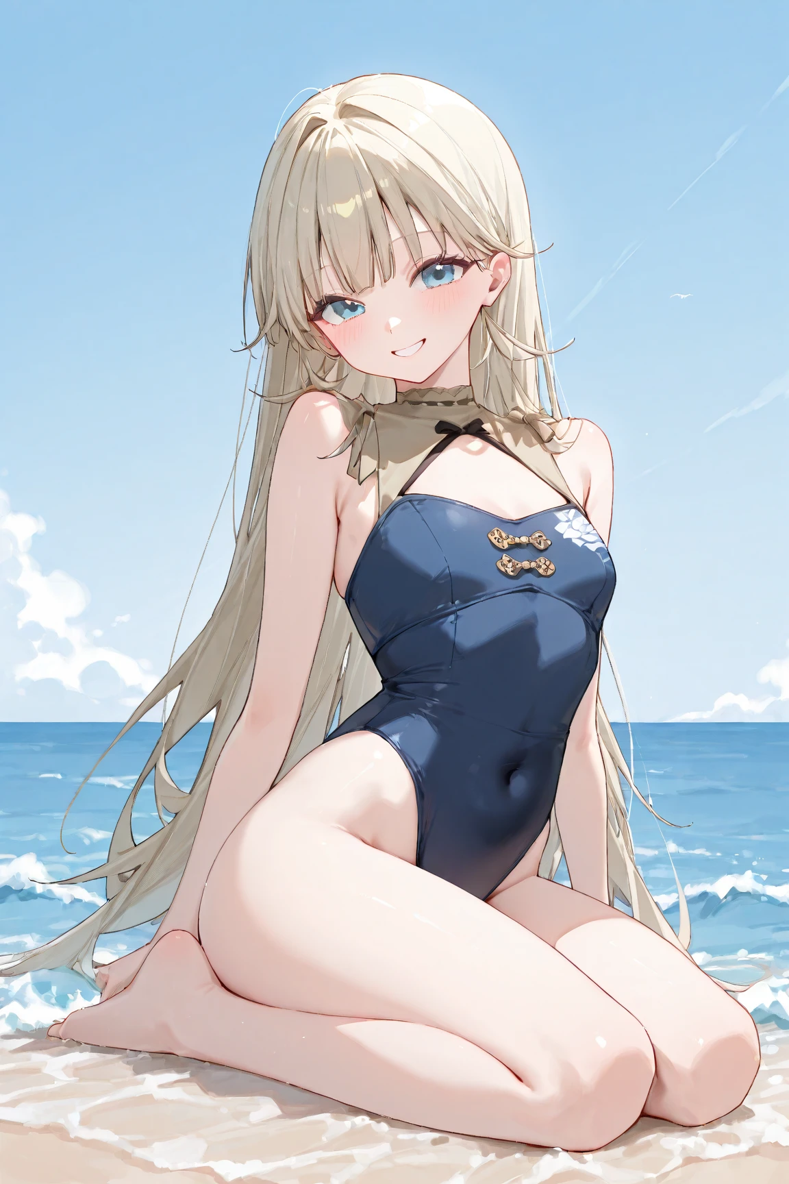 high-level image quality、masutepiece、4K,8K,Anime Cell Style,Best Quality, hight resolution,1girl in,Full body,Kasukabe Tsumugi,(bikini of:1.3),(Beach:1.3),blush、Happy smile