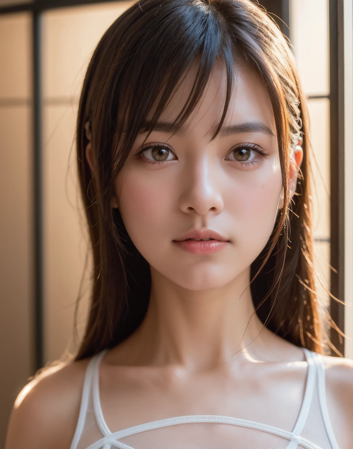 8K,Woman in T-shirt,Model figure,Height 1.8 meters,Tall,Side-split bangs,Barefoot,Eye makeup,perfect bodies,Amazing