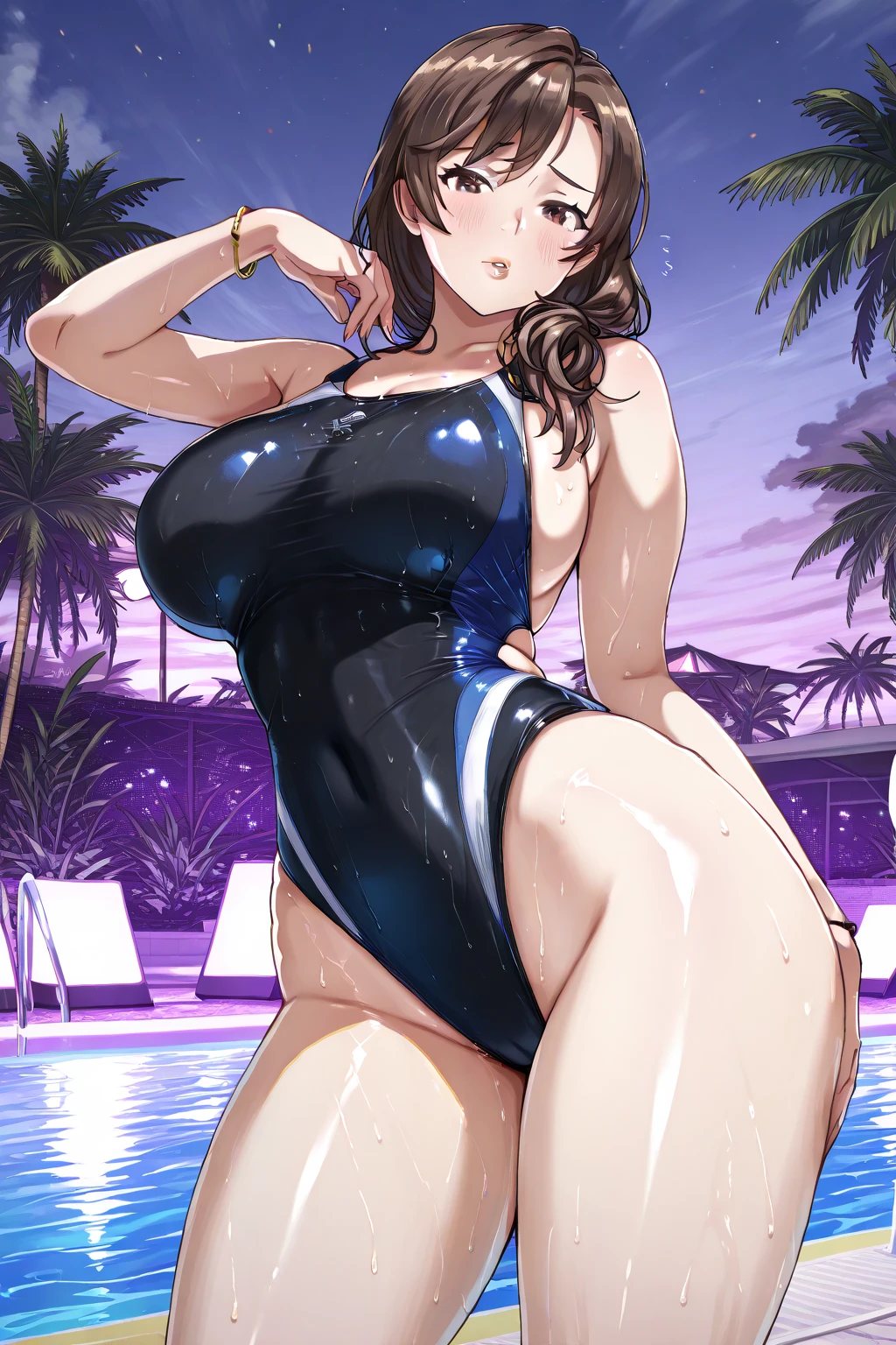 komi-san, ((huge breasts, 3.5)) ((huge butt, 3.5)) posing in front of the camera, showing the middle finger🖕, He has his mouth open showing his tongue, purple lipstick, ojos morados, bikini dorado, She is showing the inside of her mouth, HE HAS HIS MOUTH OPEN SHOWING HIS TEETH AND TONGUE, GOLDEN BIKINI