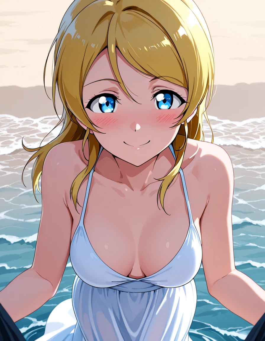 One Woman, Highest quality, masterpiece, Ultra HD, Highly detailed contours, Highly detailed face, Beautiful breasts, young woman, nice, Cleavage, Highly detailed eyes, anime, blush, Forehead visible, Blonde, short hair, bikini, Beach, smile, Open your mouth, 