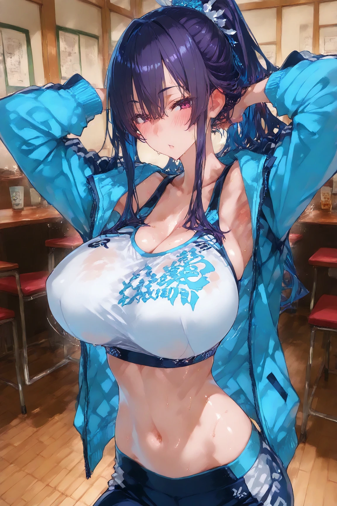「highest quality、masterpiece、An illustration、very delicate and beautiful、very detailed、cg、8k wallpaper、wonderful、small details、masterpiece、the best ultimate art、very detailed cg Unity 8k wallpaper」、japanese girl、(((huge breasts 1:1)))、(((Super Big 1:2)))、(((Pee)))、(((I can see your nipples)))、(((I can see your breasts)))、(((open chest)))、(((huge nipples)))、(((Nipple piercing)))、(((toothy smile)))、(((Ahegao 1:1)))、(((Strabismus 1:1))、(((black hair)))、(((short hair)))、(((White and blue volleyball uniform)))、