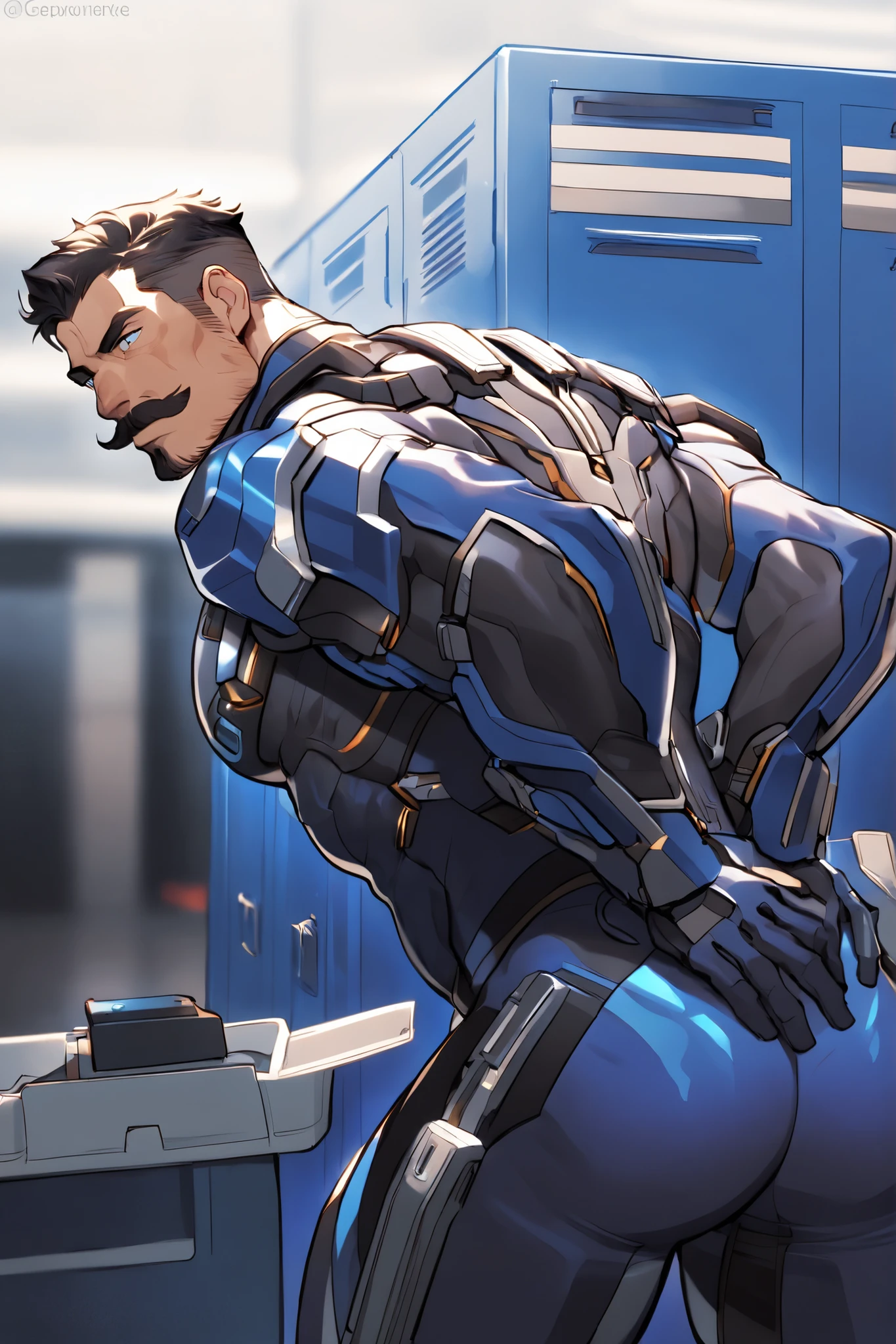 A middle-aged cyborg police man, Detailed face, Captivating look, moustache, Masculine face, Muscular mechanical body, Prominent veins, wearing mechanical bodysuit, Bending over with his butt facing me, locker room, alone, only a man, Captivating butt, Looking towards me, It has a battery lid on his back.