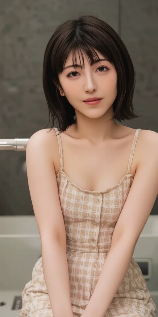 8K, Highest quality, Intricate details, Ultra Detailed, Ultra-high resolution, On the table, Random English,  slim, Smile, (cosmetic: 0.4), (蓬松的blue eyes: 1.21), blue eyes,, ((whole body)), 1 Girl, Solitary, 1 girl, (( whole body)),  Close-up shot, Kneel down , , ((High target)), (((Fitness))), (((Thin face))), Pointed face, Sharp eyes, (((Black Hair, short hair, ))  (Delicate face), Pointed face, Small lips, Thin lips, 
 (( Button-down shirts )),  Delicate face, Detailed chest, , Full breasts, detail, , Beautiful girl with accentuated slim abs: 1.4, Six-pack abs: 1.4, Botox for chest, Large target, Perfect body, detail legs, (( moonlight)), The Peak