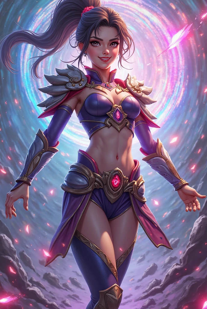 (1girl, blue hair, short hair, sparkle eyes, angry, clenched teeth) (digital) (looking at viewer) (standing), (Dark Purple Forest background), (short skirt)) , best quality, pointy ears, colored skin, blue skin, glowing, cleavage, armor, navel, Abdomen, voidelf,