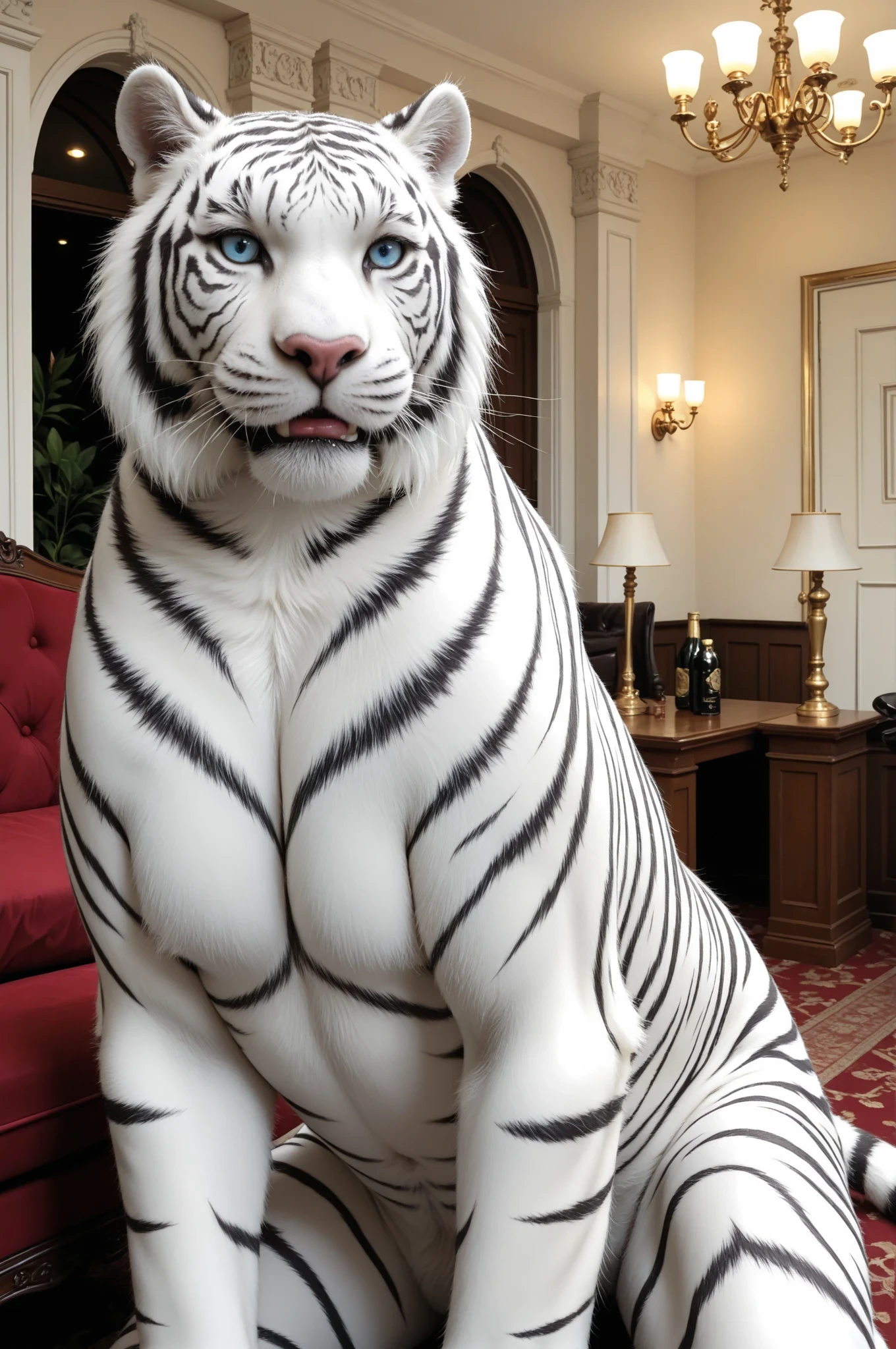 "A majestic large white tiger owned by a powerful boss. The tiger is muscular and regal, with glowing white fur and piercing blue eyes. It sits calmly next to its master or in front of a luxurious mansion. The atmosphere is a mix of elegance and danger. Background can be a sunset or an opulent interior. Cinematic lighting, ultra realistic, 2K, dramatic shadows."
