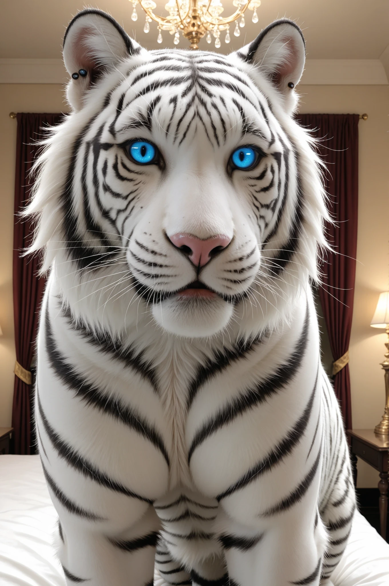 "A majestic large white tiger owned by a powerful boss. The tiger is muscular and regal, with glowing white fur and piercing blue eyes. It sits calmly next to its master or in front of a luxurious mansion. The atmosphere is a mix of elegance and danger. Background can be a sunset or an opulent interior. Cinematic lighting, ultra realistic, 2K, dramatic shadows."