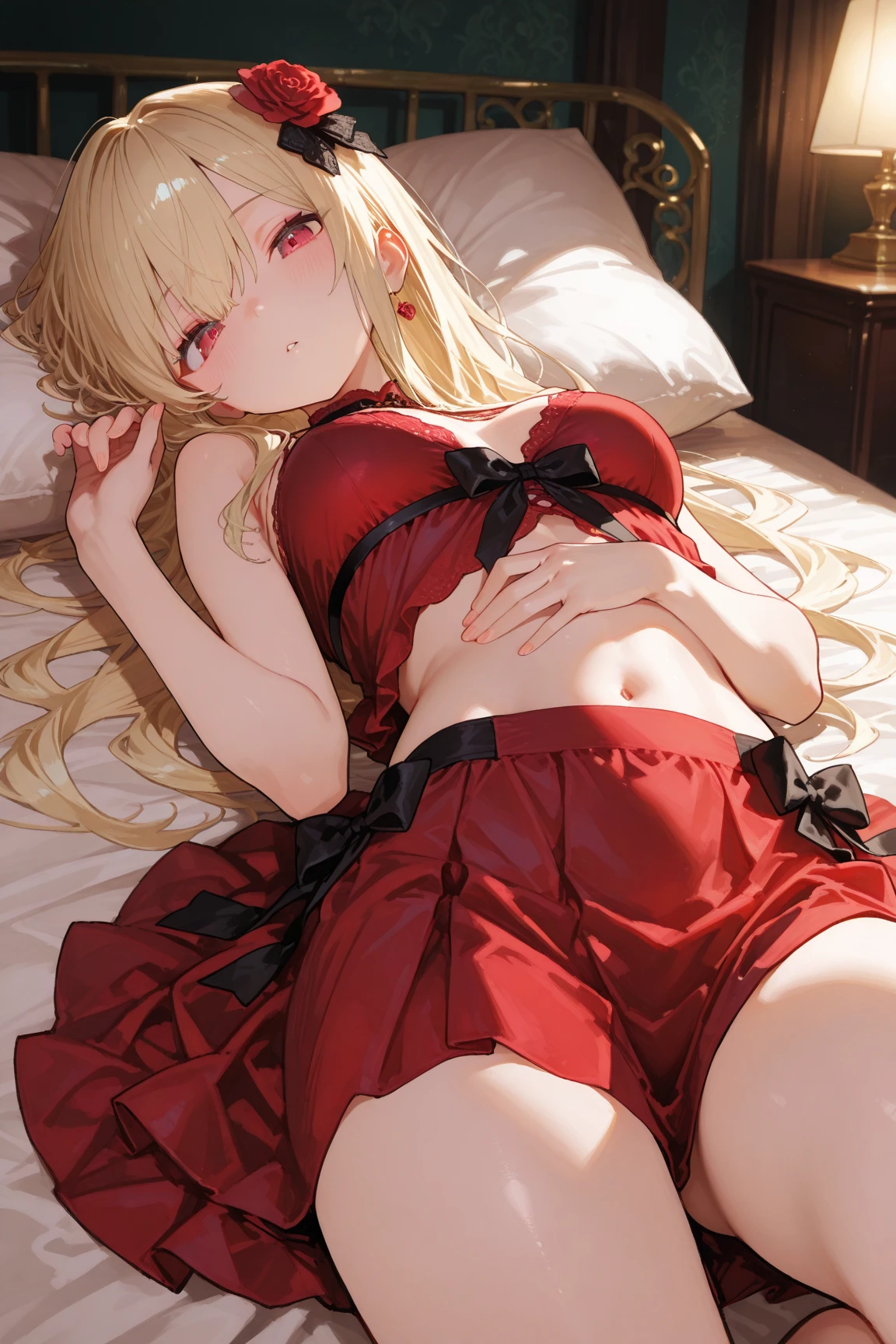 (very close up) (1girl) (adult woman) (topless:1.1) (naked) (lying in bed) (ruby red chains on wrists) (wrists chained together) (wrists above head) (ankles chained together:1.5) (stretching:1.5) (stretched body:1.5) (girl looking at viewer intently) (ruby red halo) red rose choker, night, dark cozy bedroom, Good lighting, Shadows in the movies, very large breasts, thin waist, Long HAIR, (blonde hair), original HAIR style, Dynamic Angle, (detailed face:1.3) (dynamic lighting:1.1), (orgasm), (horny look) (ruby red eyes glowing with power) (ruby red leaf bracers on arms) (ruby red leaf hair piece) (elaborate ruby necklace) (red roses on bed) (red roses in hair) (stunning beautiful red eyes)