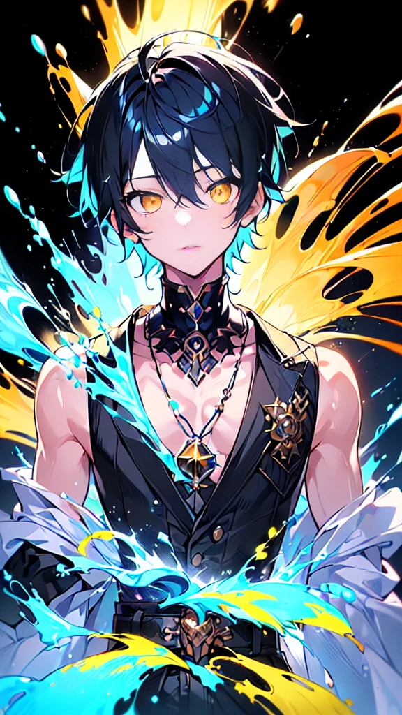 Young guy, short black hair, Cyan eyes, The Dark Wizard's Uncovered Mantle, green fire, Tatoo, Runes, combat stance, Crazy laughter, Masterpiece, hiquality