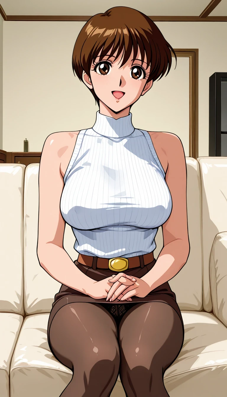 score_9, score_8_up, score_7_up, Source_anime, Top Quality、8k、masterpiece、natural light、and high precision、perfect anatomy、one woman、midium breasts, sagging breasts, voluptuous body, anime coloring, retro artstyle, asuka_zero, very short hair, hair between eyes, brown hair, brown eyes, (Happy Expression, Happy Expression、open mouth, looking at viewer), tight knit dress, sleeveless, micro pencil skirt, belt, pantyhose, lace panties, (living room), sitting on the couch, Stylish pose, own hands together in front
