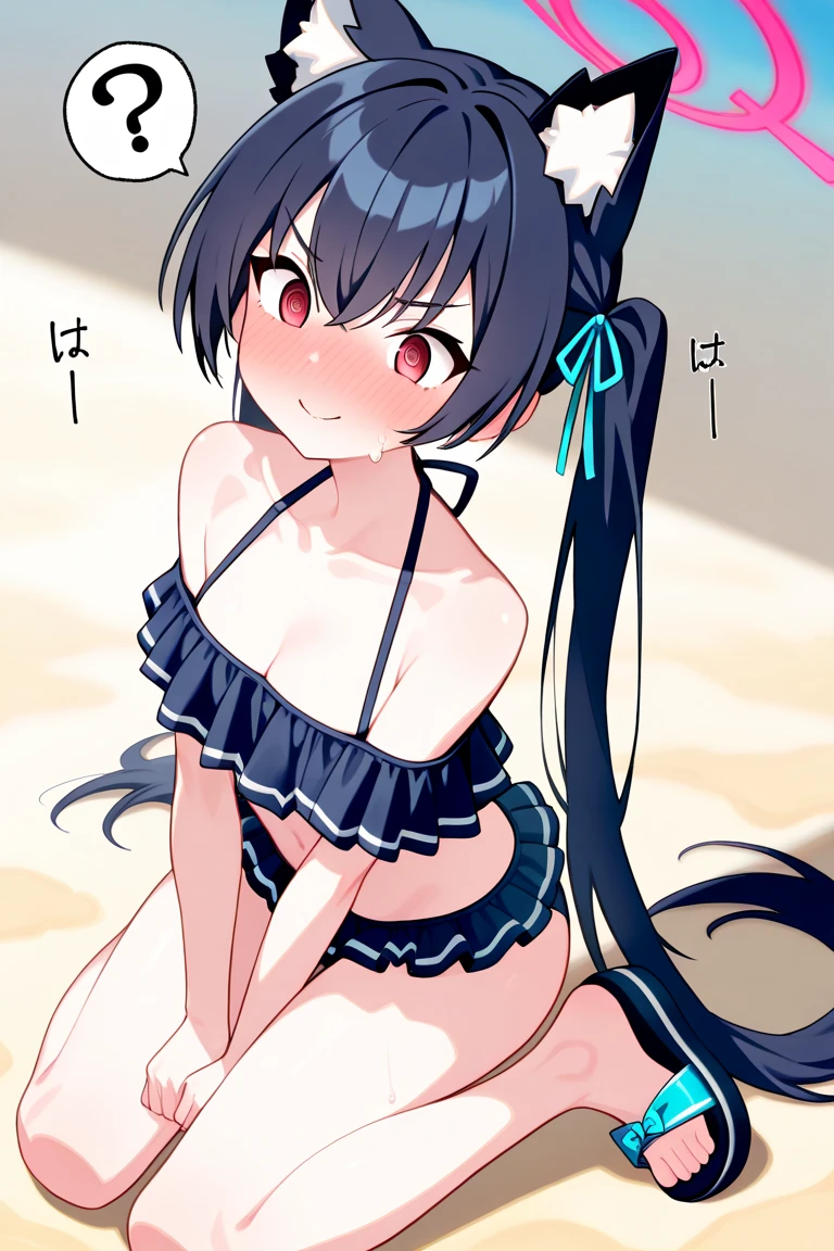 1girl, ((absurdly long hair)), straight long hair, extremely long hair, feet long hair, best quality, (full body: 1), cat ears, (loli: 1.0), (little girl: 1.0), no background, white background, standing, black bikini, detailed face, realistic hands, hair touching ground, black hair, barefoot, blue eyes,