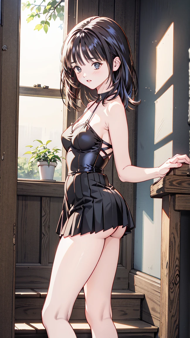 (masterpiece), (Highest quality), (Sayaka Kirasaka), One girl, Green Eyes, Light in your eyes, Dark brown hair, ponytail, Hair Ribbon, (medium Breasts), (corset dress), (black Lace Stockings), (white high-heels), (pink thong: 1.3), (show off panties), (dress lift), Looking at the audience, cowboy shot, (back view), (from below),(leaning forward), (spread legs), indoor, bar counter, (Place your hand on the counter)