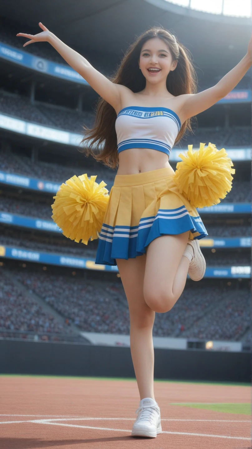 (8K, top quality, masterpiece: 1.2), cute, solo, Tokyo Dome, night, ((((Girl is wet)))), fine beautiful eyes, ((((Light brown hair)))) pale blue eyes, belly button, cleavage, Japan person, full body, adult, 28 years old, ((ruffled skirt)))), cheerleader, (legs raised)))), (cheerleading)))), (Skirt is flipped up in strong wind))) ), (((cheering intensely))), ((sweaty)), white costume, (((((underwear visible)))), happy smile, (hair wet),