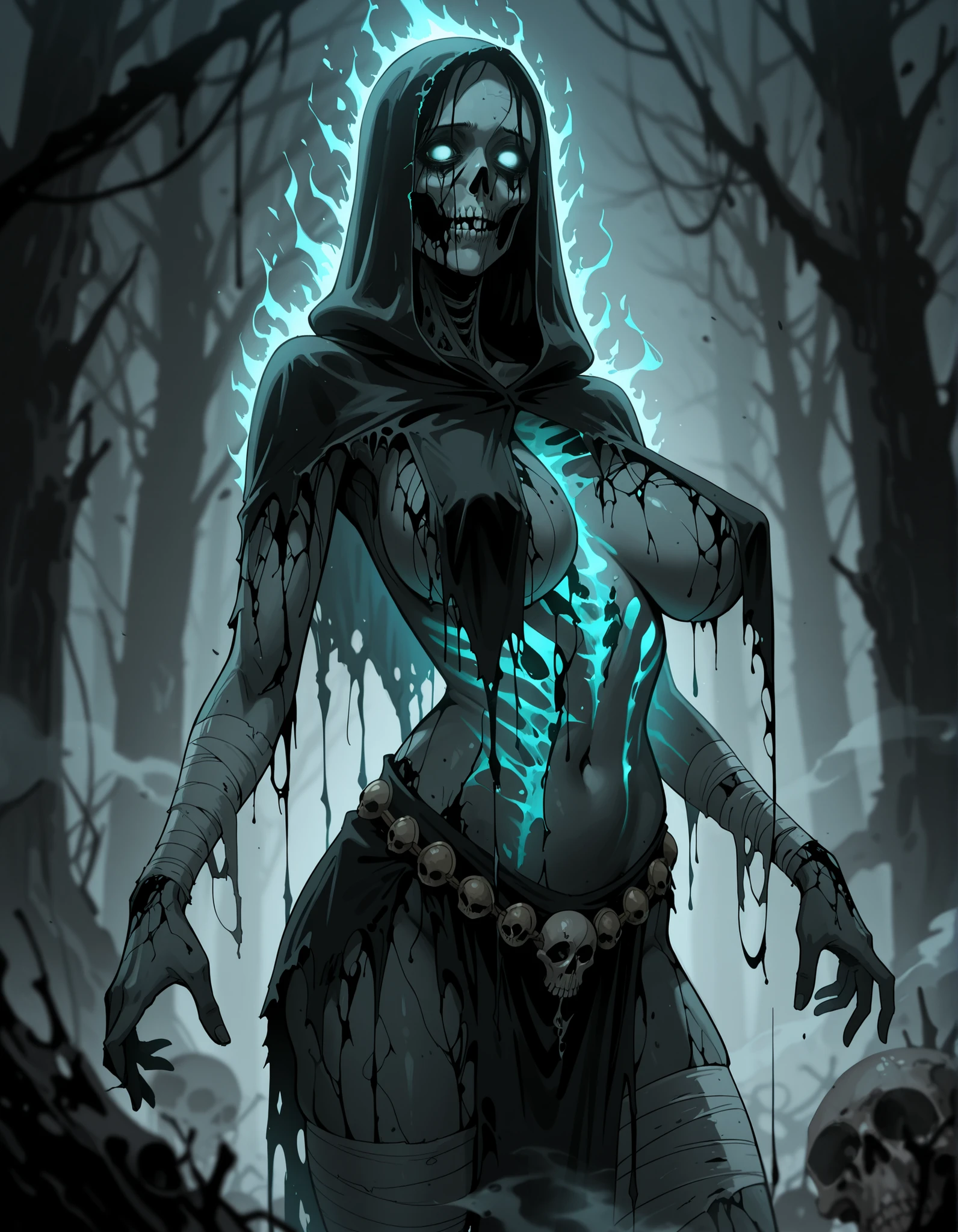 90's Anime, Dark Horror, Quality_masterpiece, Absurd res, score_9, score_8_up, (masterpiece), source_Anime, rate_Safe, ultra high quality, ultra detailed, expressive eyes, hoop rings, small stature, Magma Genasi skin, white, big apart breasts, reduced wear, golden bands, ((wearing rags)), wicked, dark, mad, tribalistic, breast curtains, huge hanging breasts, waist curtain, skull belt, perky breasts, (shredded bandages), body bandages, creepy, horrifying, ((dynamic pose)), zombie, open wounds, (decayed skin), rotten flesh, undead, volumetric lighting, , depth of field, detailed background, mad look, demonic, dark arts, hkhorror, demonic, Bondage, aburdres, ((heavy fog)), cowboy shot, (Swampy fields), aura,telekenesis, bioluminescence, bioluminescence skin , Glowing skin, (((bioluminescence body_skin ))), ((Glowing body_skin)), blue aura, rotting, ((decay flesh)), (decayed flesh), ((open wounds)), ((rotting flesh)), ((Glowing bioluminescence SKIN:1.1)), background