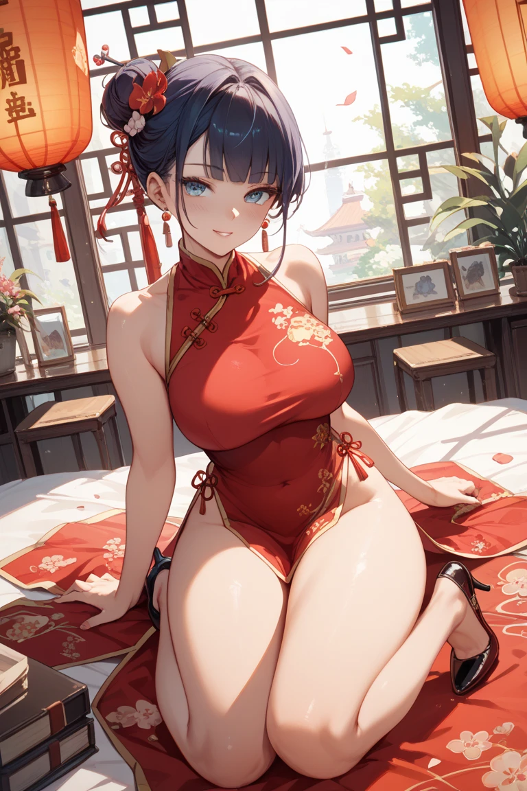8K，Ultra-clear，A girl，Wearing a long red cheongsam，Imperial sister，Around 18 years old，Blue eyes，huge ，Tight，Face Optimization，Stand in the house，Open your thighs，Look at the face，transparent，Ball Head，Support chest with elbows，Chinese idol，Frontal shot，Wear cloth shoes，Nail Art，Five fingers，Standard stature