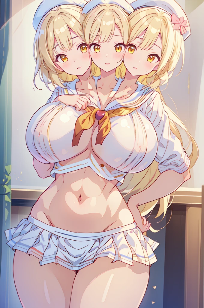 (masterpiece, best quality),best quality, (ultra-detailed), (3heads:1.5), 1girl, (yumeko:1.3), masterpiece, best quality, ultra quality, ultra resolution, ultra detail, red and white top, crop top, ((stomach)), midriff, ((groin)), red and white skirt, normal ears, shackles, yellow wavy hair, very long hair, wavy hair, sidelocks, yellow eyes, parted lips, open belly, sweat, cute, toned belly, hand on own chest, eyelashes, (24 year old woman:1.3), (masterpiece:1.5), (best quality:1.5), (beautiful detailed), extremely detailed CG, extremely delicate and beautiful, depth of field, (finely detailed face), (perfect details:1.2), (mature female:1.3), wide pelvis, slender, large veiny breast, 16k resolution, highres, very high quality, very high definition, extremely detailed, masterpiece, yellow wavy hair, long hair, alluring presence, braid, short skirt, close up, very big tits, huge tits, young,