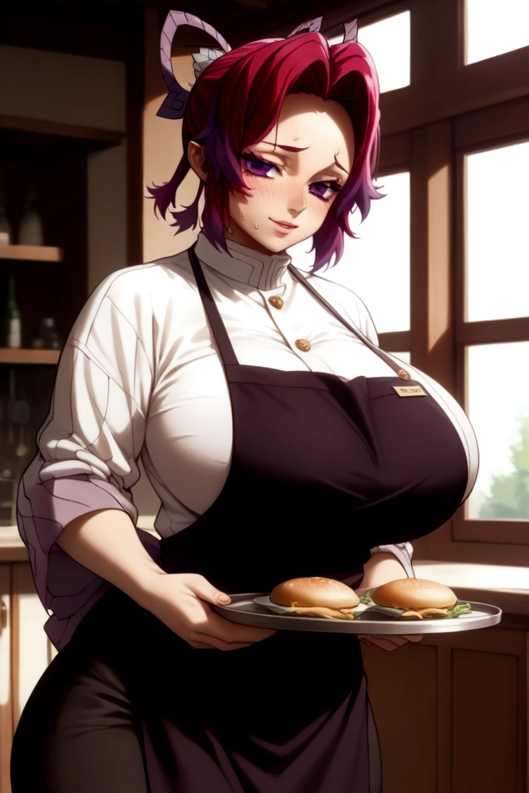 Cup under the crotch、Ultra-detailed illustrations、Ultra-precise expression、masterpiece、Highest quality、ultra High resolution、High resolution、Hiromitsu Takeda Style、White background、Simple Background、Mash Kyrielight、light purple hair,short hair,hair over one eyes、Naked Pink Apron、Heart Hole Apron、Vulgar expression、smile、Open your mouth、Choker of Hearts、White Breath、Sweat、Glowing Skin、shiny skin、Put the plate、drink、