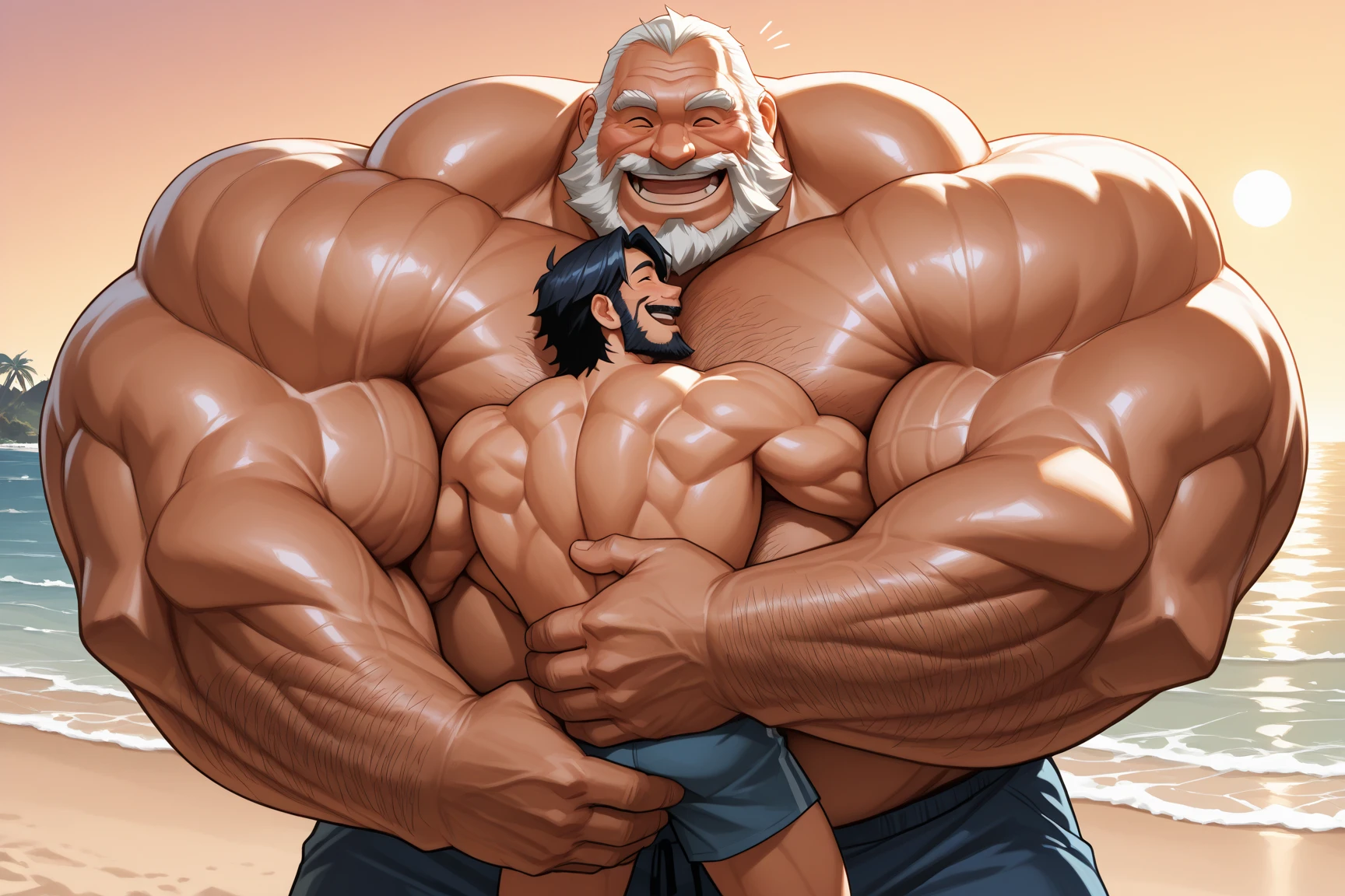 huge muscular old man, back muscle, sitting, size different