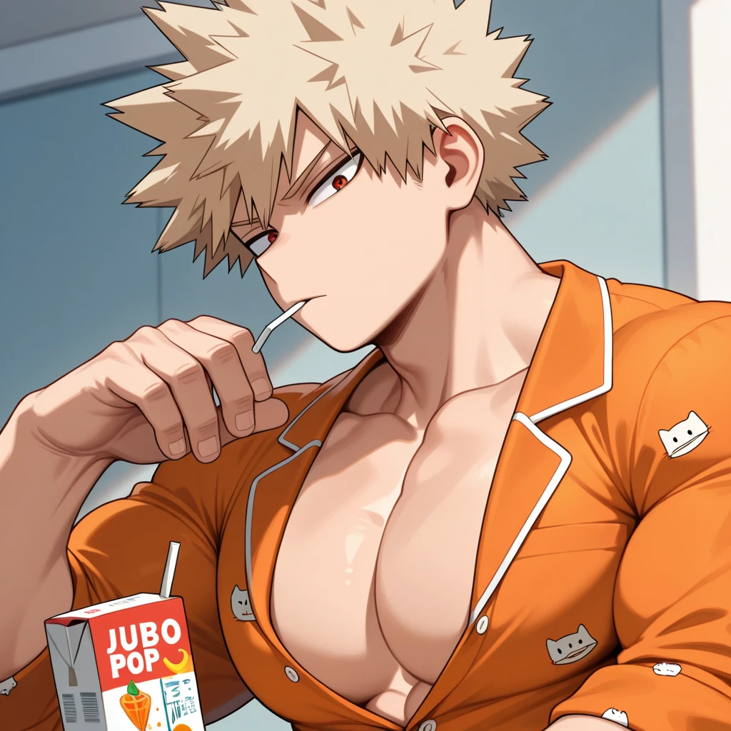 Bakugou Katsuki drinking milkshake in the living room with open shirt and floral shorts, bare chested sweating heavily. There are sunglasses on the head. Side view.