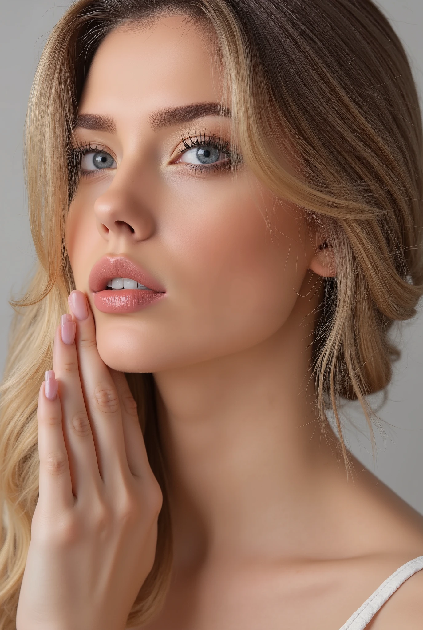 21 year old woman with beautiful and very realistic face with beautiful and blue eyes ,cabelos loiro ,labios sexys