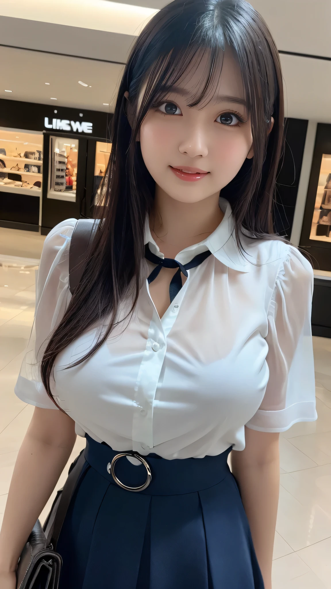 Highest quality, masterpiece, Ultra-high resolution, (reality: 1.4), Original photo, One Girl, mature, Torn white JK uniform, Smile, Long Hair, Very large breasts bigger than a face , Plump body, Button gap:1.35, sit in a train seat, Leg spread:1.5, Cinema Lighting, Horizontal sheet, View from the train window