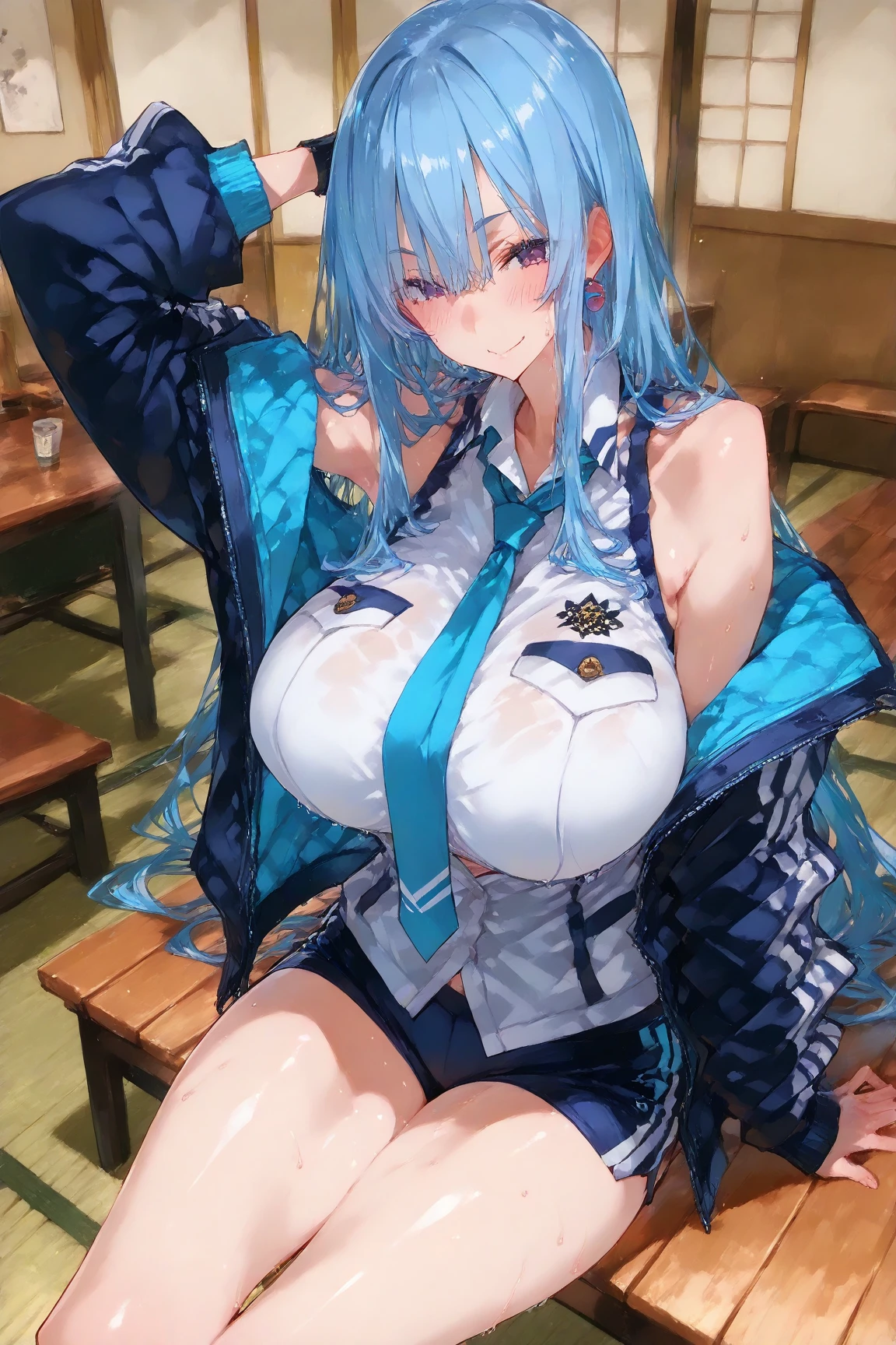 (masterpiece, best quality),best quality, best resolution, (ultra-detailed), (3heads:1.5), 1girl, (hata no kokoro:1.3), masterpiece, best quality, blue plaid top, crop top, ((stomach)), midriff, ((groin)), salmon-coloured skirt, miniskirt, normal ears, shackles, pale pink hair, very long hair, wavy hair, sidelocks, blue eyes, parted lips, single horn, sweat, cute, toned belly, hand on own chest, eyelashes, (24 year old woman:1.3), (masterpiece:1.5), (best quality:1.5), (beautiful detailed), extremely detailed CG, extremely delicate and beautiful, depth of field, (finely detailed face), (perfect details:1.2), (mature female:1.3), wide pelvis, slender, large veiny breast, 8k resolution, high quality, high definition, extremely detailed, masterpiece, pale pink hair, long hair, alluring presence, twin braid, short skirt, close up, big tits, young, waist-length hair,