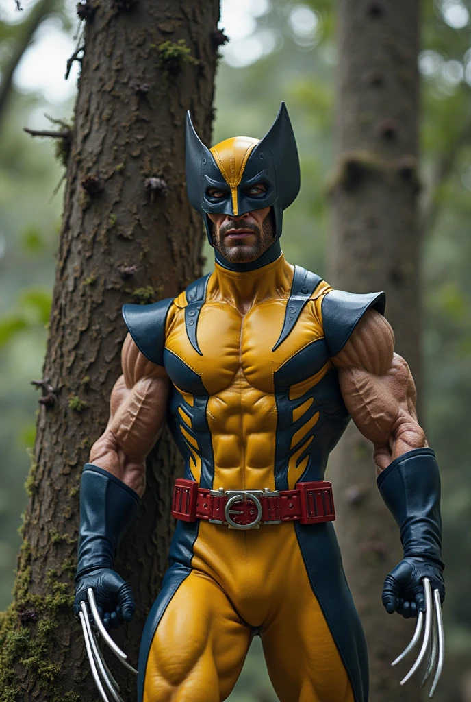 WolverineV2-1024, a man dressed as wolverine, claws, in canadian forest , cyberpunk background, highly detailed, photography, ultra sharp, film, bokeh, professional, 64k  <lora:WolverineV2-1024:0.8>