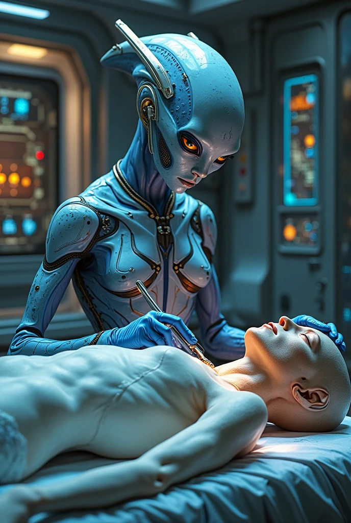 In a spaceship, A humanoid alien pulls a beautiful, sleeping, naked, young European brown-haired woman out of a metal polystyrene capsule, The woman has a barcode tag on her arm, Hyper-realistic image quality