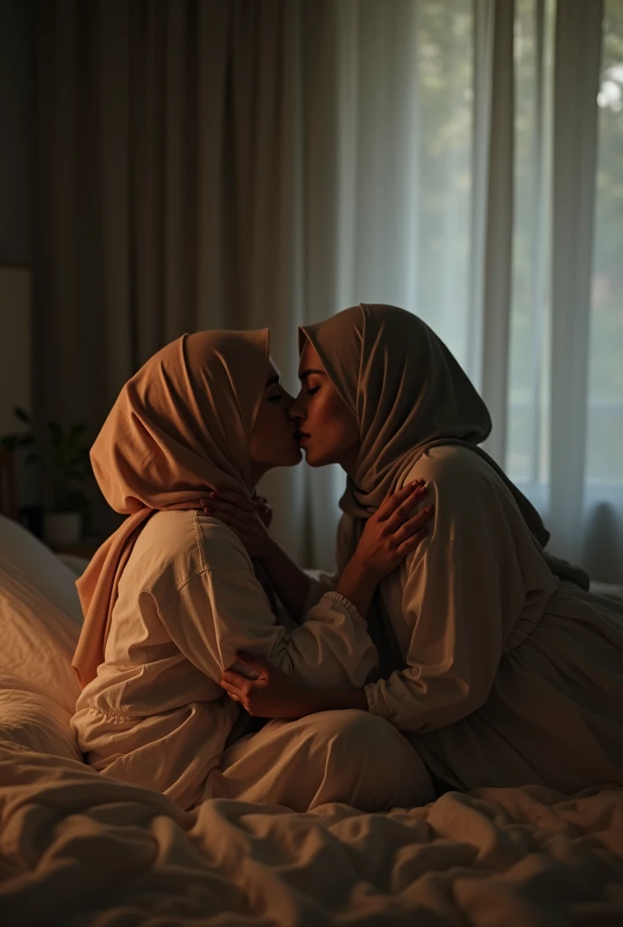 beautiful hijab indonesian lesbian girl laying down,bra and panties,hugging,french kiss,breast grope,view from far,,raining,x