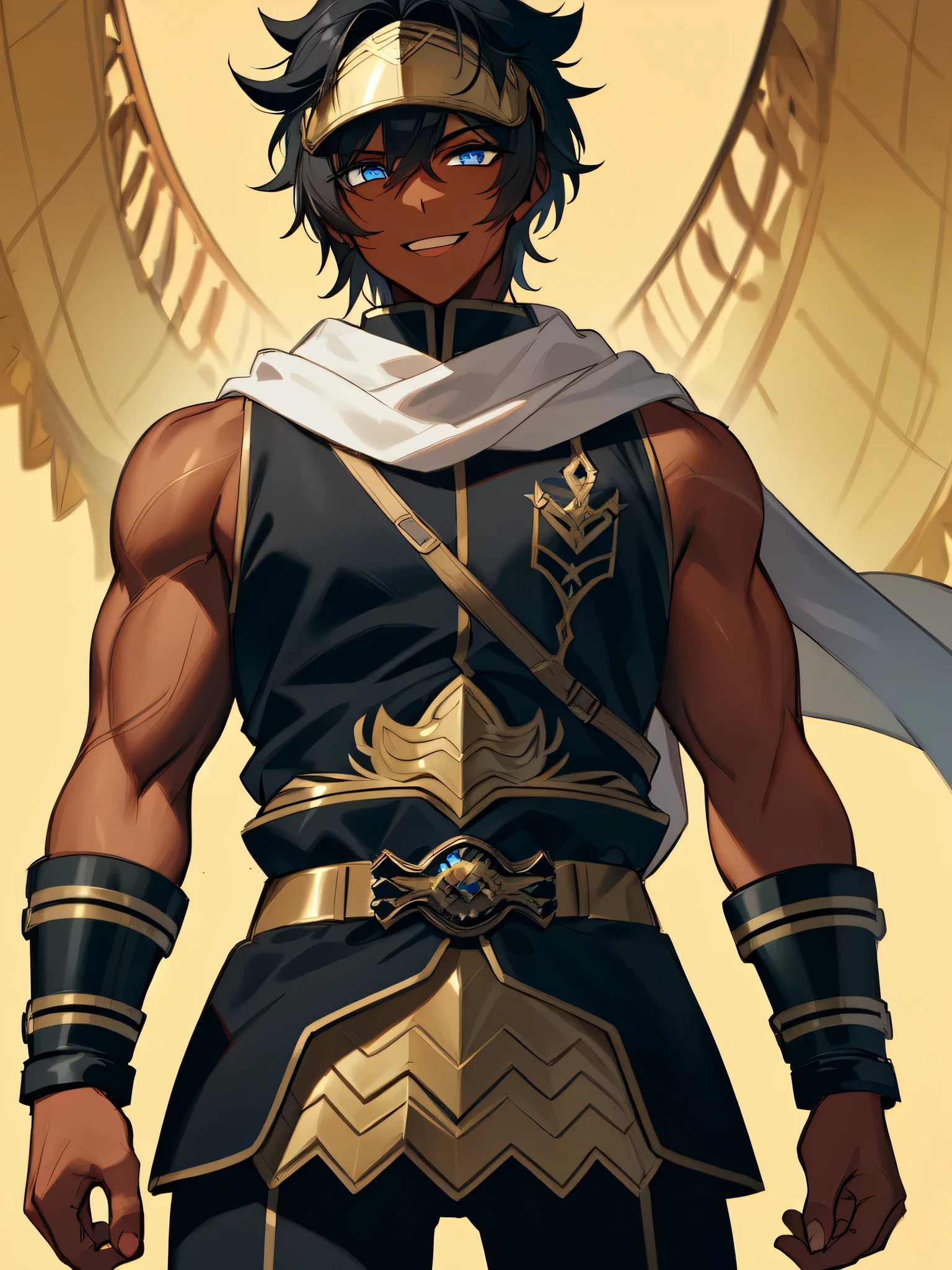((masterpiece)), ((best quality)), (ultra-detailed), absurdres, extremely detailed CG unity 8k wallpaper, Official Art, Accurate describe shapes, (realistic), detailed hands, expressive eyes, upper body, close-up, solo, (desert, scenery, dramatic light, illustration:1.1), (standing, arm at side, smirk:1.2), (1boy, mature male, brown hair, short hair, yellow eyes, dark-skinned male, forehead, spiked hair:1.4), (ozymandias - second ascen, black gloves, white cape, earrings, jewelry, black gloves, golden gauntlets, waist fauld, arm guards, egyptian clothes:1.3), , ((masterpiece)), absurdres, HDR, arjuna (fate) <lyco:GoodHands-beta2:1.0> <lora:epi_noiseoffset2:0.7> <lora:Ozymandias-01:0.7>