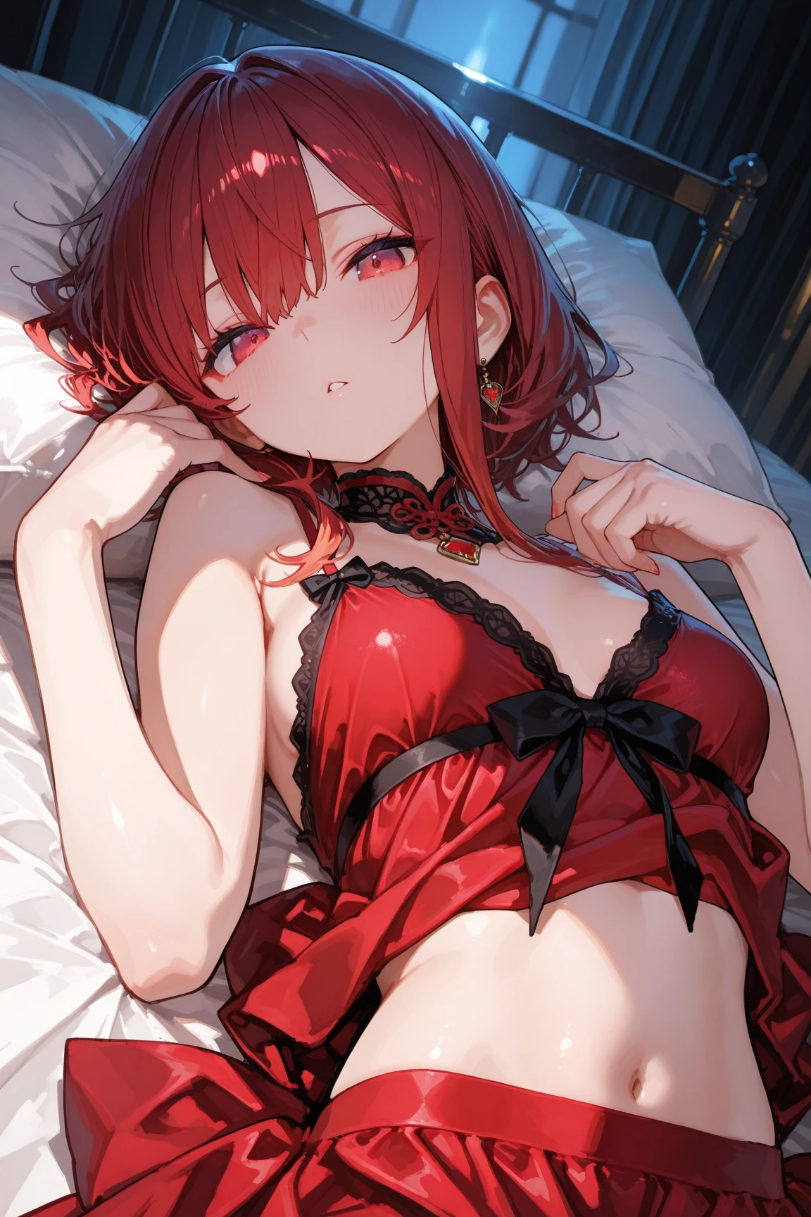 (masterpiece: 1.3),(Highest quality:1.3),(Fine grain:1.2), 独奏,Detailed Hair, (Hair Shadow),Blurred,(blue eyes),Red Hair、Pink Hair, Messy Hair,short hair、dakimakura, young, chest, chestの谷間, Thin legs, Slim waist, Dreaming Girls, 😯, Highest quality, masterpiece, Red stocking thighs, panties, belly button, Red sheer lingerie, blush, jewelry dress , rui takane,jewelry necklace , jewelry Earrings, whole body, garter belt, Earrings, medium chest, chestの谷間, jewelry, Thin legs, Slim waist, Lying in bed, Red bed, Red sheets, Sleeping on your back, belly button, head band, Red Elbow Gloves, Look at the owner, Arms stretched out, Good luck, Raise the hand, Fingerless, Long red gloves, so beautiful, Beautiful body