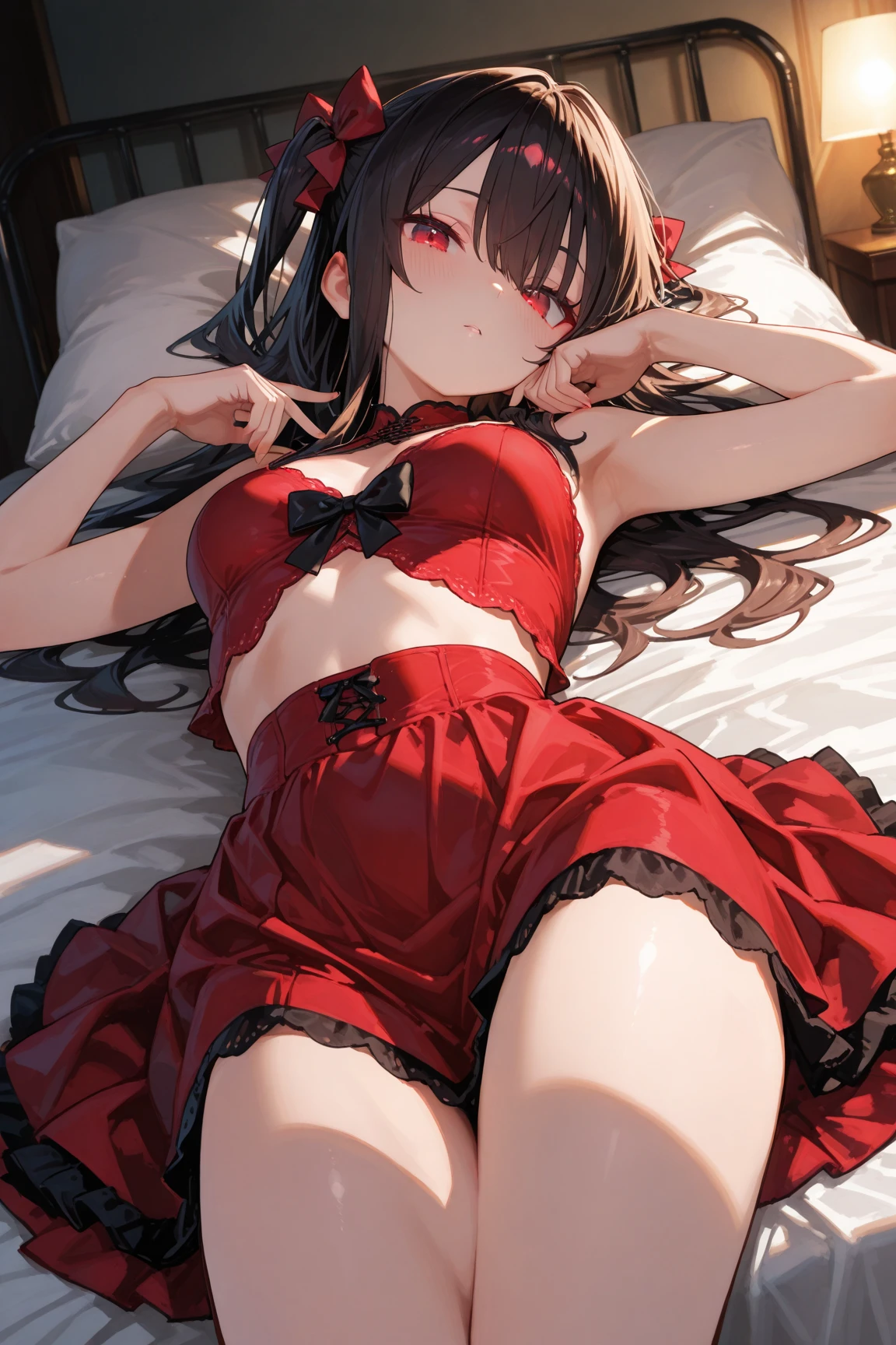 one girl、kaguyashinomiya, kaguya shinomiya, folded ponytail, amount, hair ribbon, (red eyes:1.5), red ribbon, ribbon, short hair, side lock, (small breasts:1.2), break looking at viewer, break indoors, classroom, break (masterpiece:1.2), highest quality, High resolution, unity 8k wallpaper, (figure:0.8), (detailed and beautiful eyes:1.6), highly detailed face, perfect lighting, Very detailed CG, (perfect hands, perfect anatomy)、fall down on the bed、It&#39;s fallen down、A system where the face can be seen from between the legs、Open your mouth wide、it&#39;s coming、a wistful face、sigh、embarrassed expression(1:2)、heavy breathing、racy underwear、See-through underwear、(((open your legs wide)))、sit、lie down on the bed、red bed