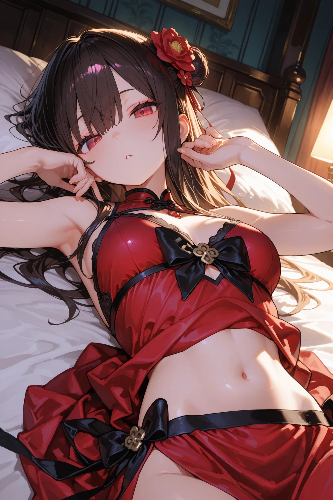 nsfw,8k,Masterpiece,(Red Bikini),A woman wearing separate armor,Mature Woman,28 years old,Bikini Armor, Lying in bed,The world of fantasy games set in another world,Sexy anime characters,Slender figure,Cleavage,belly button,ponytail,Black Hair,Long Hair,Shy smile,Flushed Cheeks, Knight Girl, Very detailed fan art, Detailed digital anime art, Anime Goddess, Anime illustration, Girl in Armor,Beautiful expression right down to your fingertips,Looking at the audience