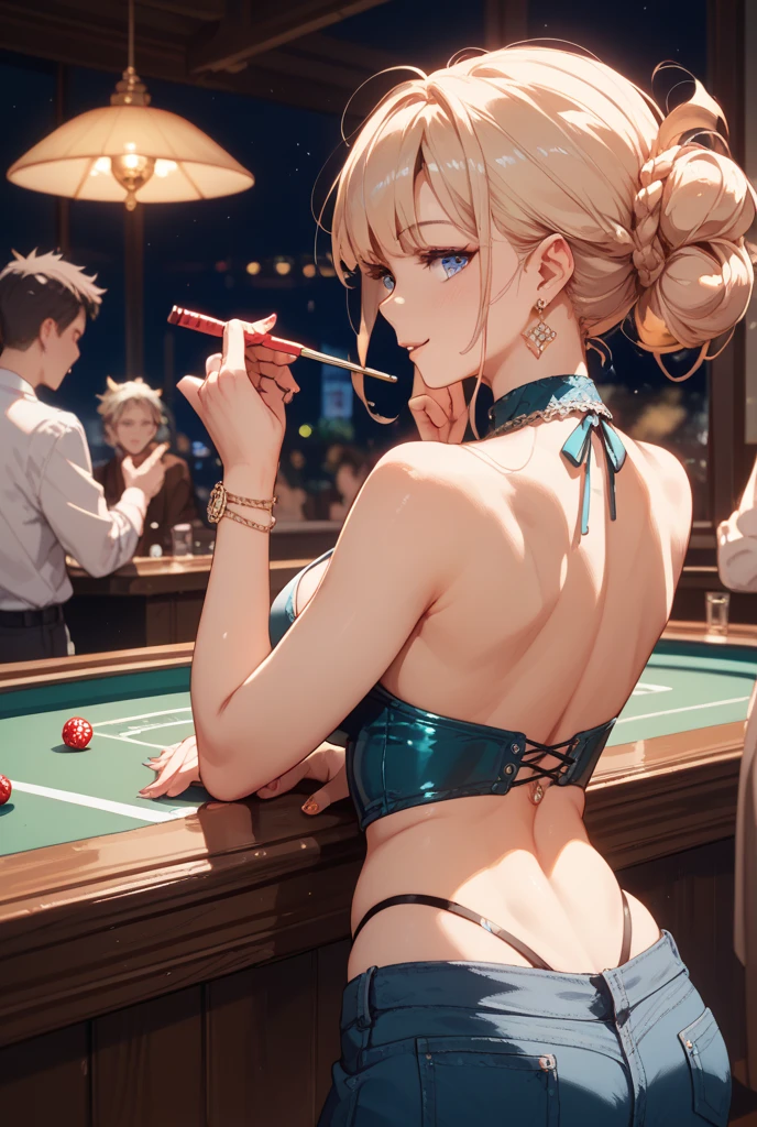 (Highest quality,8k,32K,masterpiece,Ultra-high resolution :1.2 ),born,One girl,Super cute,Natural light,Clear, shining eyes,20-year-old,Fair skin,Billiard table electronic world fantasy background,Golden Hair,short hair,Enjoys playing billiards,Large Breasts,In a bra