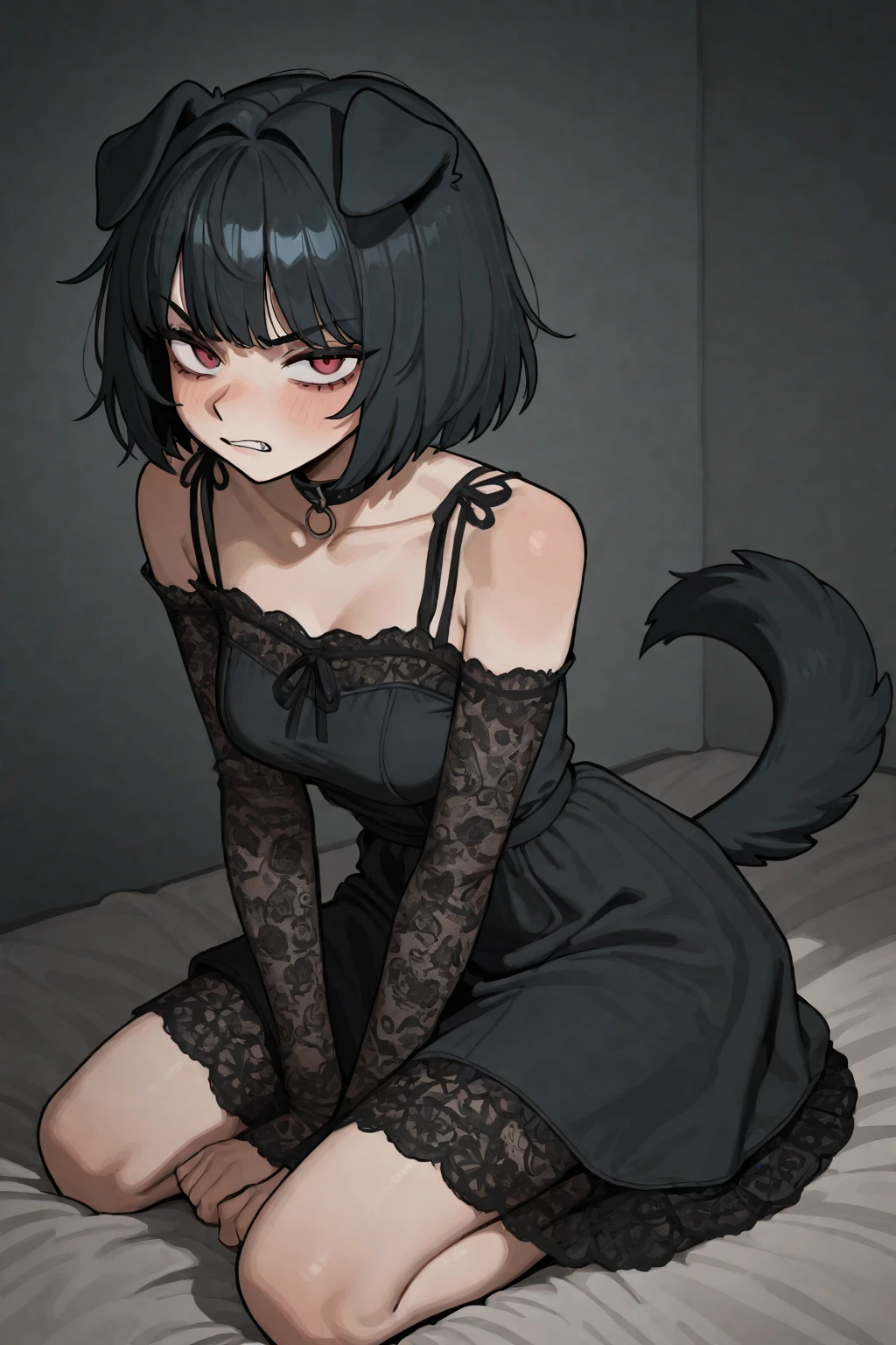 1girl, solo, breasts, looking at viewer, blush, short hair, bangs, simple background, black hair, thighhighs, long sleeves, white background, dress, animal ears, cleavage, medium breasts, purple eyes, tail, full body, frills, puffy sleeves, black thighhighs, cat ears, nail polish, black footwear, black dress, high heels, zettai ryouiki, cat tail, fake animal ears, cleavage cutout, bob cut, frilled dress, juliet sleeves, paw pose <lora:Kyockcho-000005:0.4>