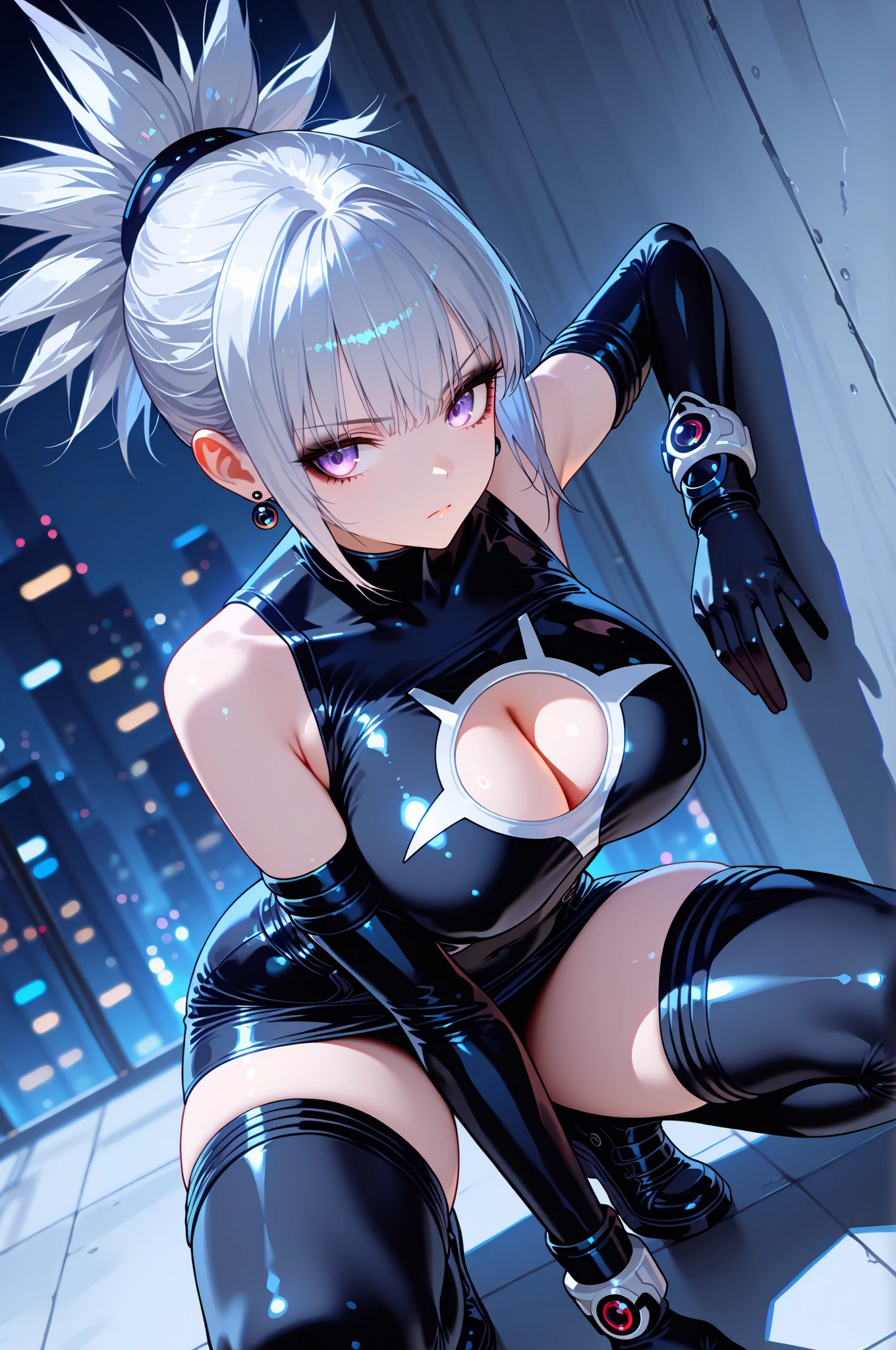 ((((masterpiece, best quality, high resolution)))), (1girl:1.5), ((short wavy hair, white hair, purple eyes, earrings)), (large breasts:1.2), blush, light smile, parted lips, glow, thighs, bare shoulders, collarbone, narrow waist, (slender body figure), cleavage, (beautiful detailed face, beautiful detailed eyes), ((standing up)), looking at viewer, nighttime, ((outfit-gantz, latex breast curtains, black panties))