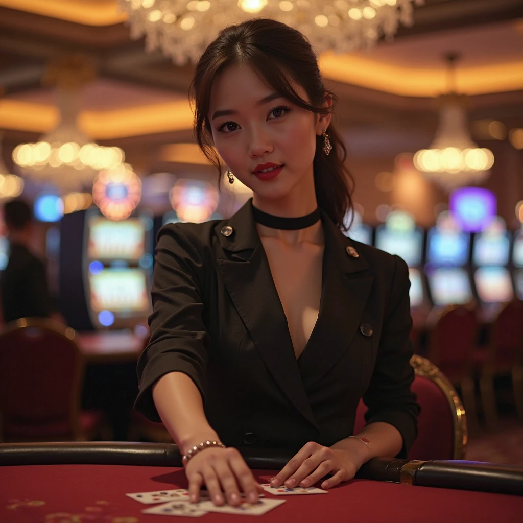 8k, Masterpiece, raw image, the best quality, realistic, Very detailed CG unity 8k wallpaper., depth of field, Cinema-grade lighting, lens flare, Ray tracing, (very beautiful face, beautiful lips, beautiful eyes), A face with intricate details, ((Extraordinarily detailed skin)) 1 girl, in the dark, deep shadow, ((look at viewer)), (blurred background), (lovely woman), clear eyes, Shoot very far, (Pale skin), Facing forward, (Big eyes), big breasts, (Masterpiece, the best)), (1 girl), exciting face, Wear a white suit with a deep neckline., full body, sitting in (random background,In casinos,VIP casino room, Modern Casino Console, Modern Slot Machines )